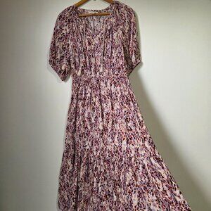LIKE NEW BEACHLUNCHLOUNGE COLLECTION PRINTED SPLIT V NECK TIERED MAXI DRESS SZ S
